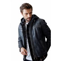 Gotham leather hood jacket-Black